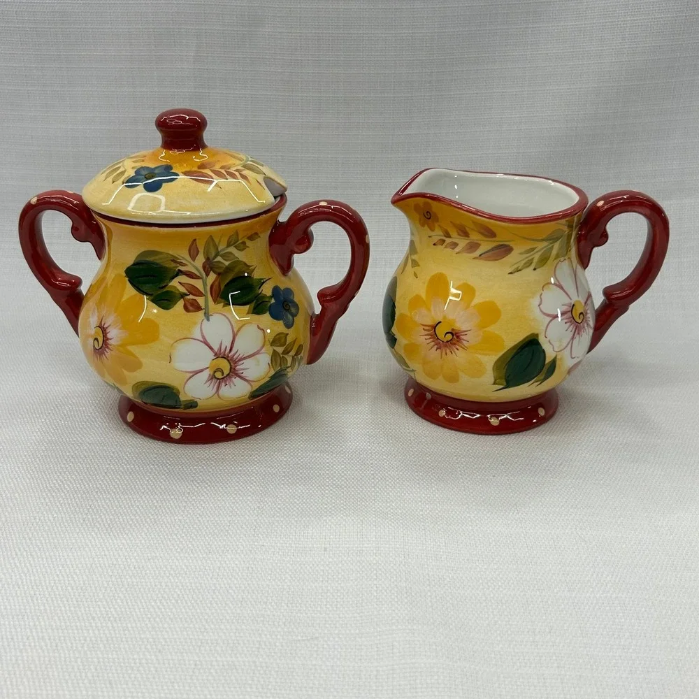 Oneida Sunset Bouquet Creamer & Sugar Bowl Set Yellow Red Floral Hand Painted